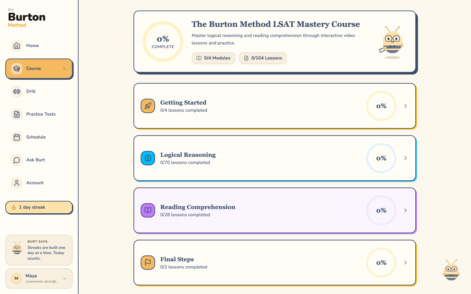 The course overview: 104 lessons organized across Logical Reasoning and Reading Comprehension modules