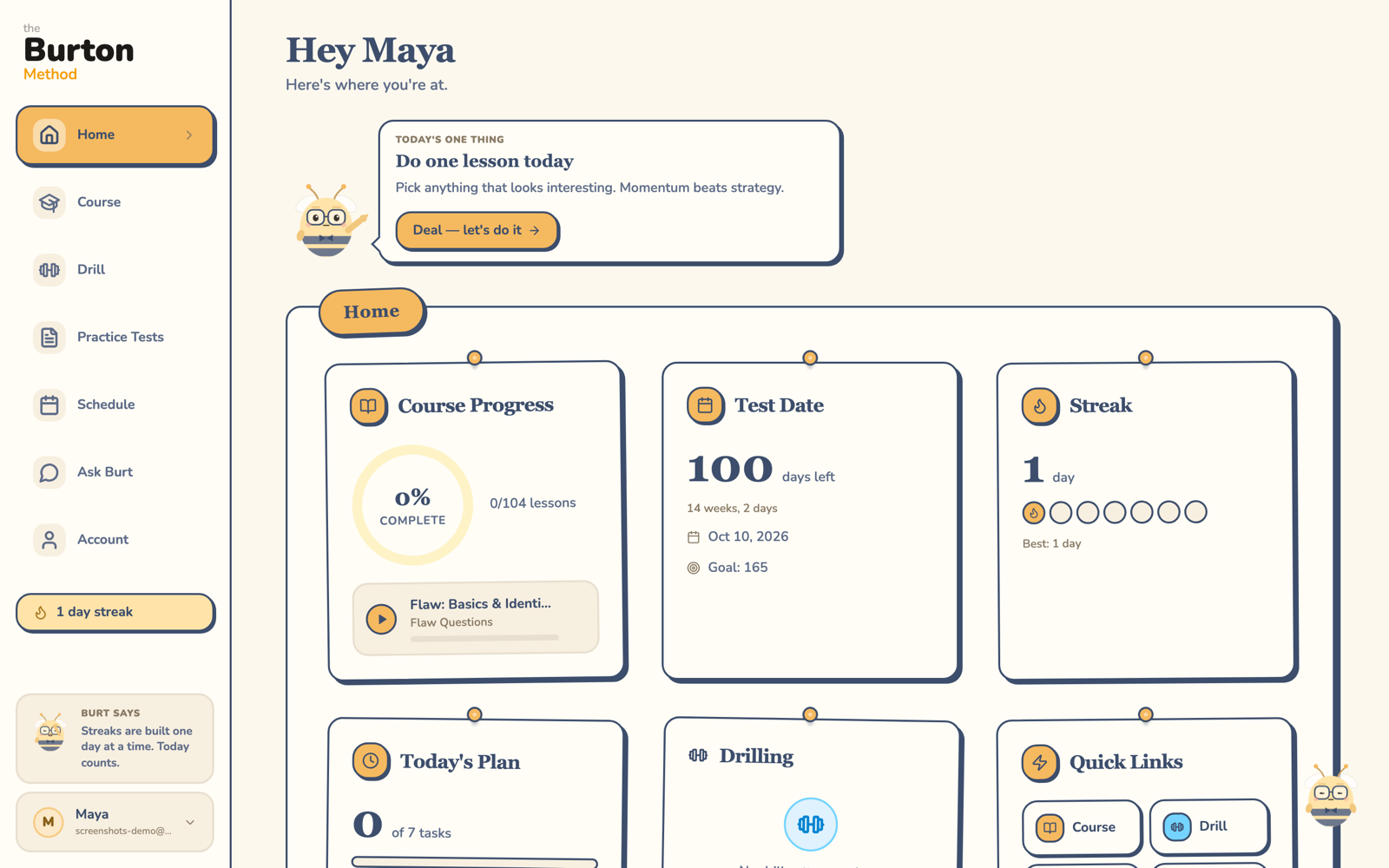The student dashboard with course progress, test-date countdown, study streak, and today's plan