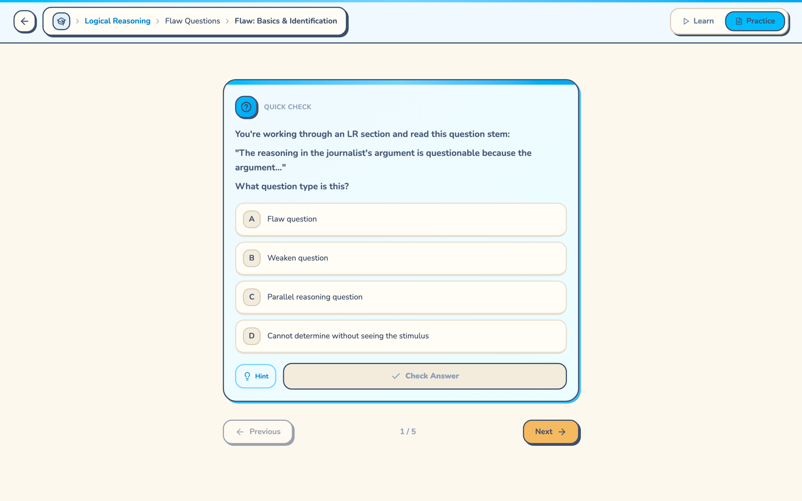 A lesson's Practice tab: a quick-check question about flaw question stems with answer choices, a Hint button, and Check Answer