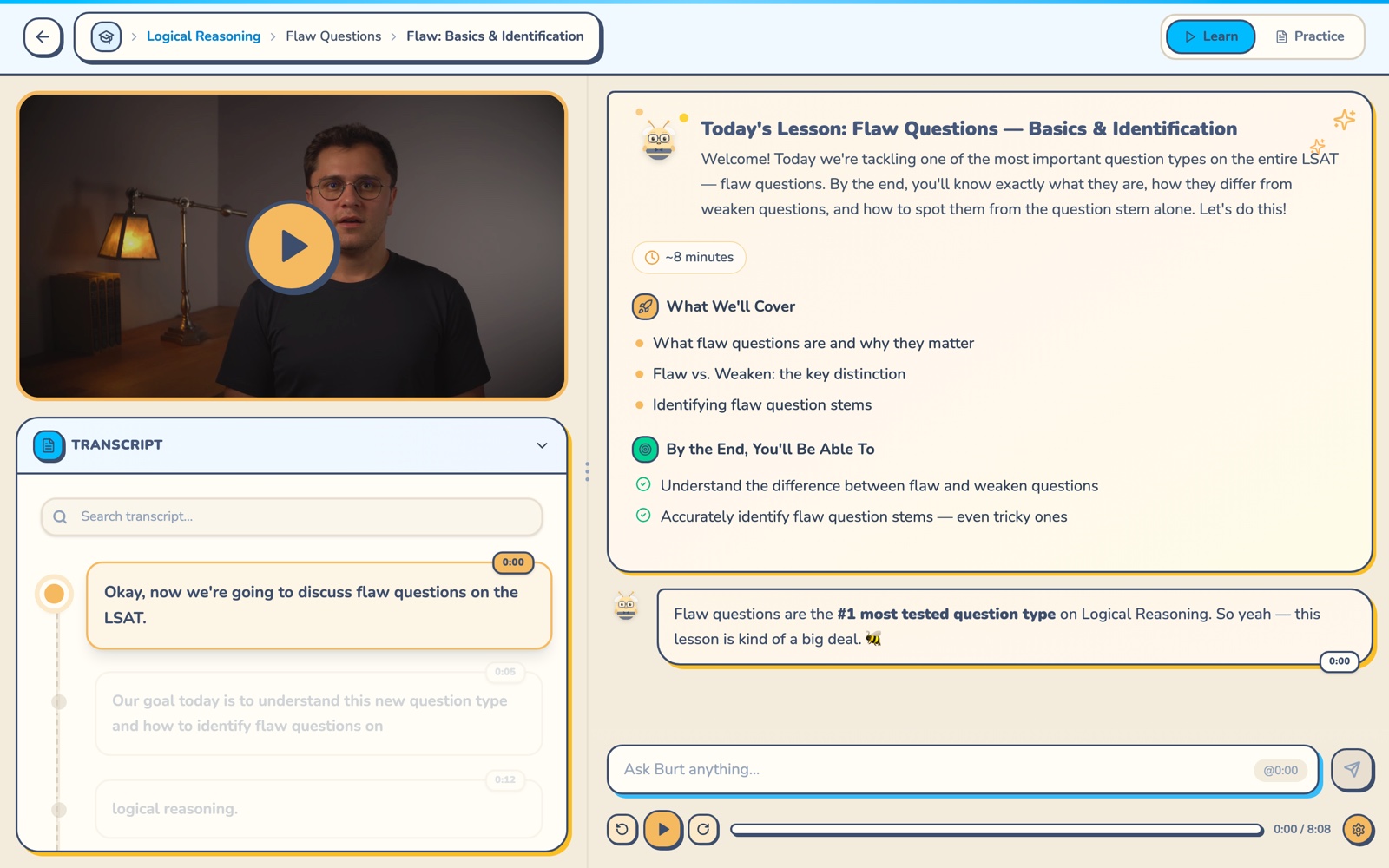 A real Burton Method lesson: Sammy teaching on video beside the synced transcript, lesson overview cards, and the Ask Burt chat bar