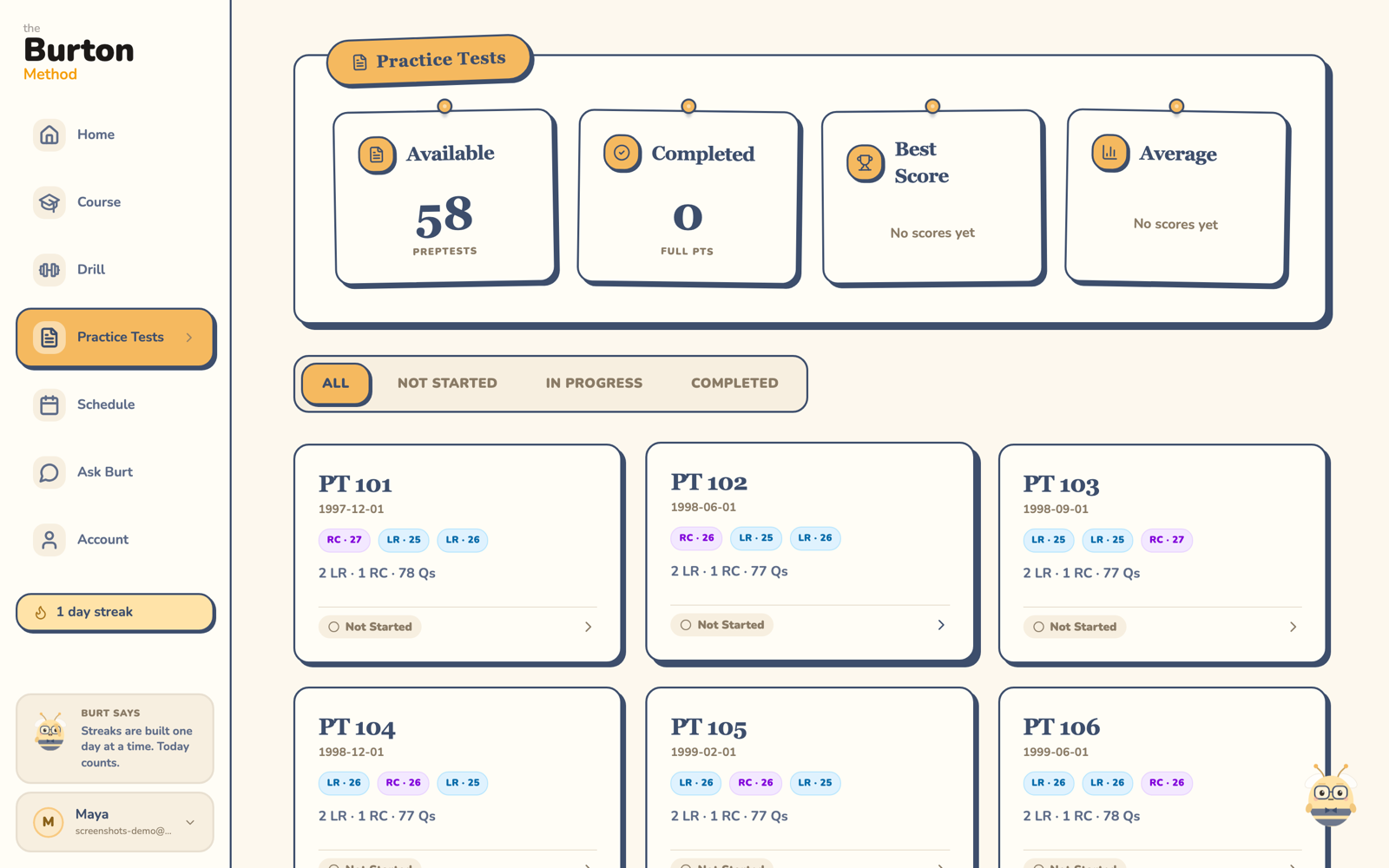 The practice test library showing 58 available PrepTests with completion status