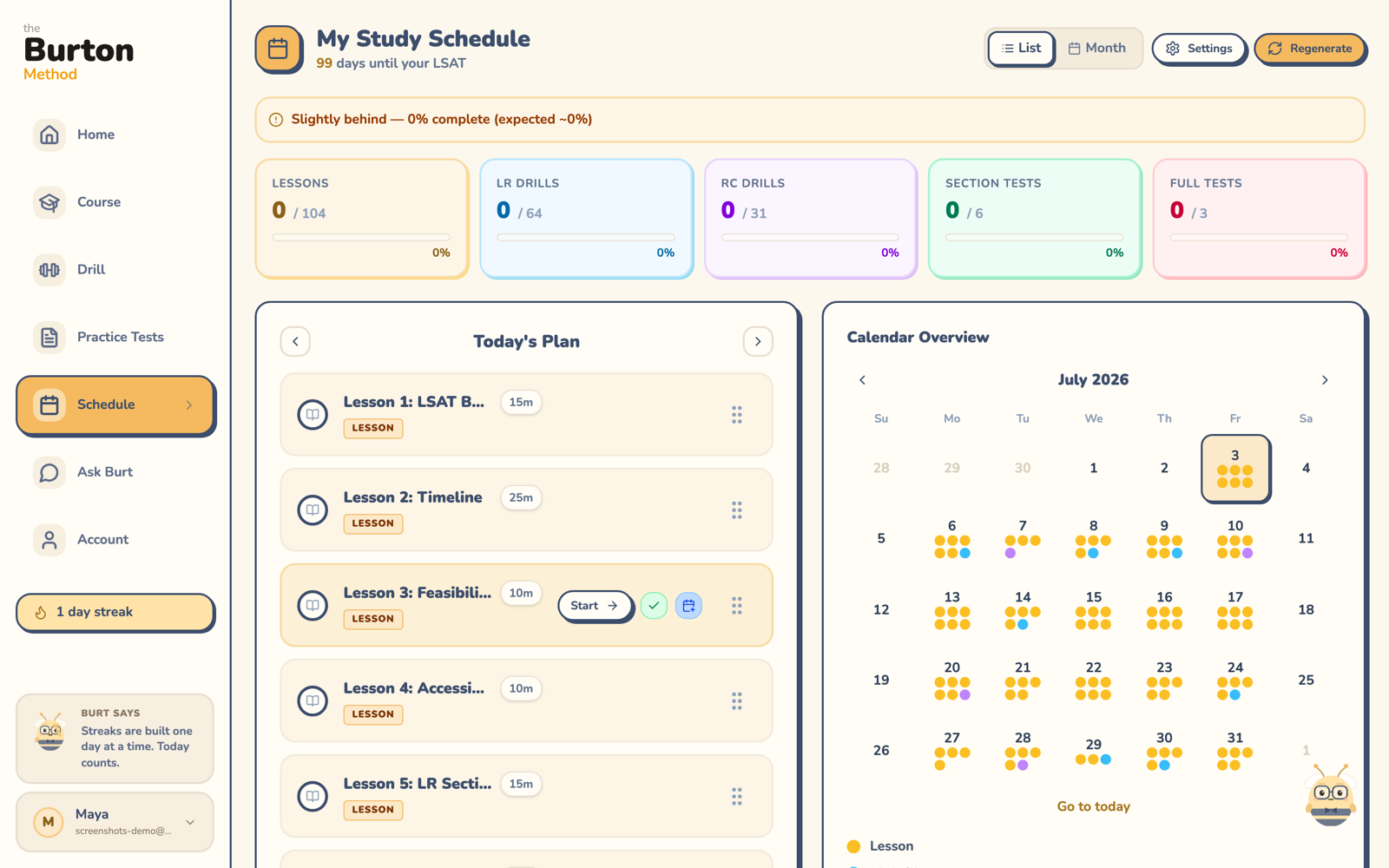 The adaptive study schedule with a daily task list and a color-coded calendar of lessons, drills, and practice tests